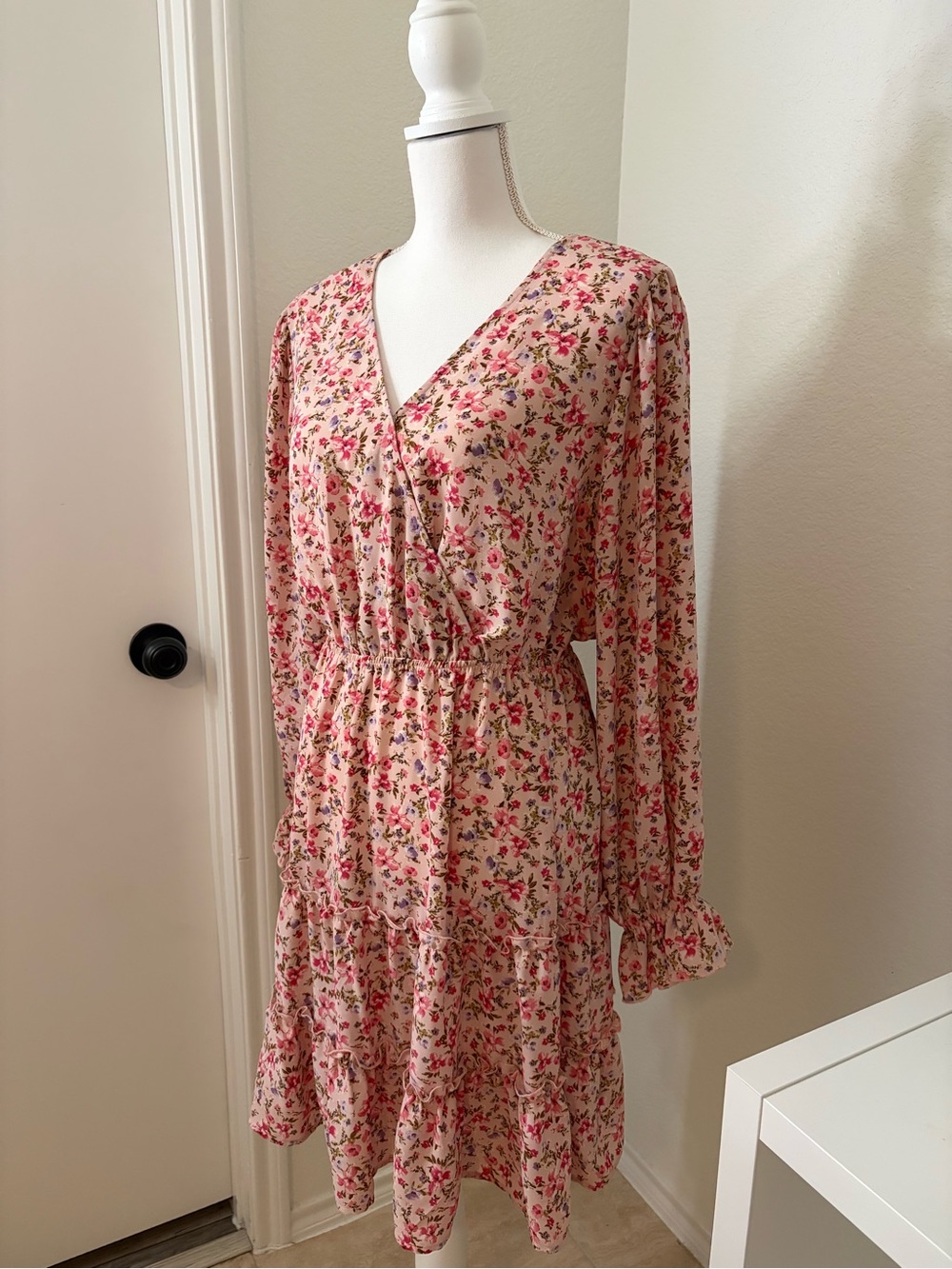 Inspired Hearts Pink Floral Long Sleeve Tiered Wrap Dress